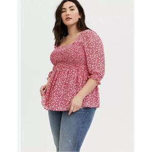 Torrid Floral Babydoll Chiffon Smocked Top Square Neck L